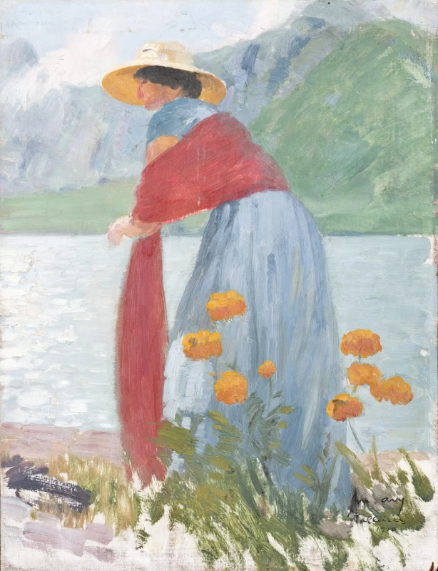 Donna con scialle rosso in riva al lago